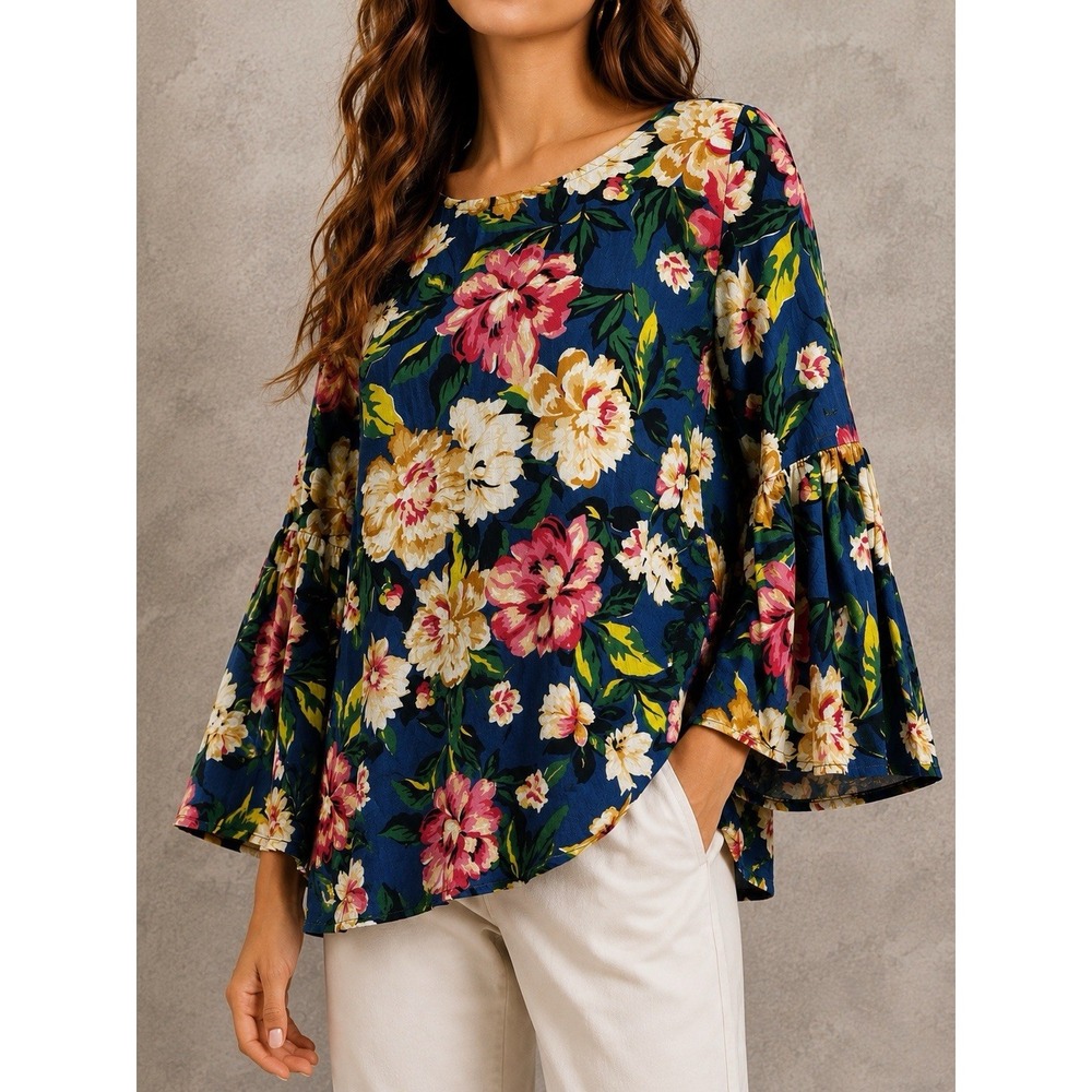 Farm Rio Floral Blouse Womens P Navy Multicolor Bell Sleeve Boho Tunic Top